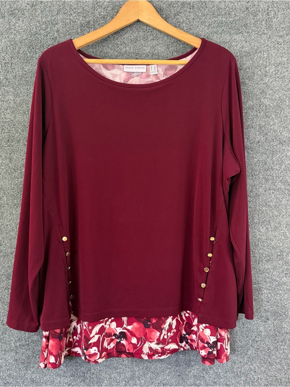 Susan Graver Womens 1X Wine Red Liquid Knit Layered Floral Hem Tunic Blouse